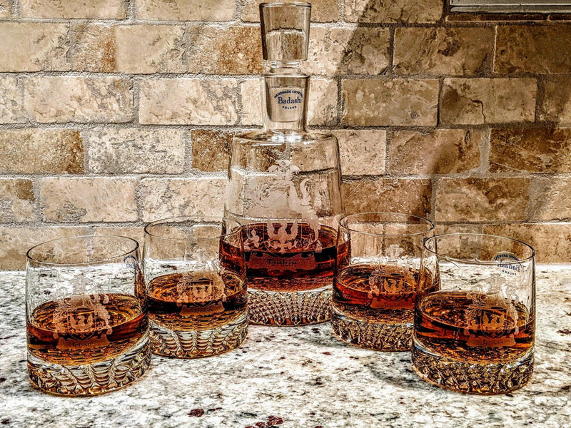 5 Piece Engraved Park Avenue Whiskey, Bourbon or Scotch Decanter Personalized Set Personalized Engraved Quality Glass Engraving