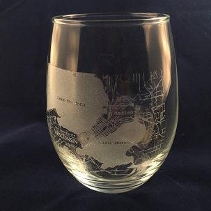 Engraved College Town Map Stemless Wine Glass-15 oz- Item C8303-CTM Personalized Engraved Quality Glass Engraving