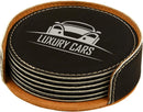 Engraved Leatherette Drink Coaster Set w/Holder, 4" Round Personalized Engraved Coaster Quality Glass Engraving