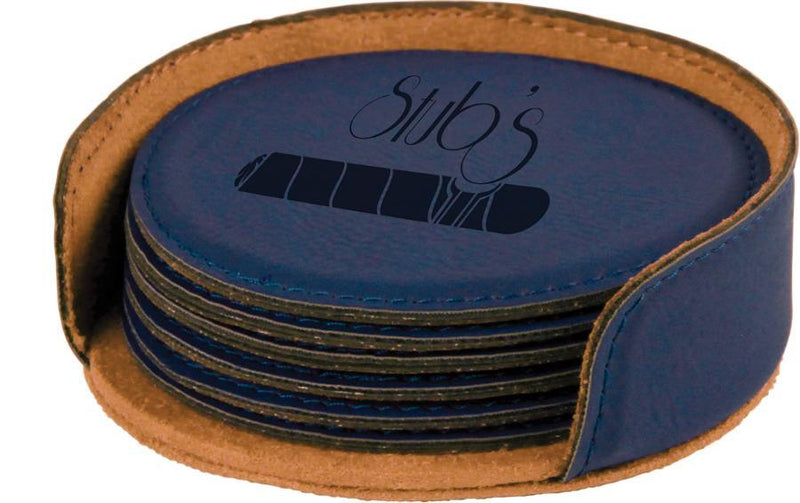 Engraved Leatherette Drink Coaster Set w/Holder, 4" Round Personalized Engraved Coaster Quality Glass Engraving