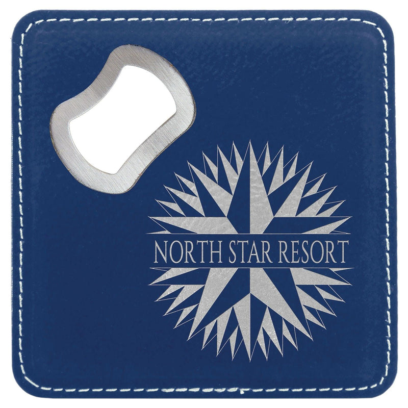 Engraved Square Drink Coaster w/Opener, 4" x 4" Laserable Leatherette Personalized Engraved Coaster Quality Glass Engraving