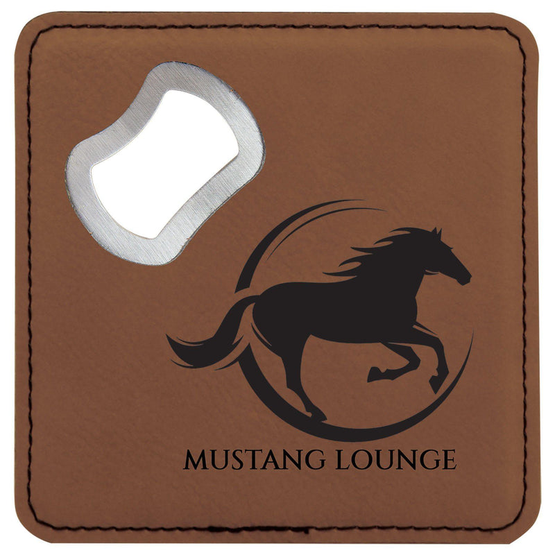 Engraved Square Drink Coaster w/Opener, 4" x 4" Laserable Leatherette Personalized Engraved Coaster Quality Glass Engraving