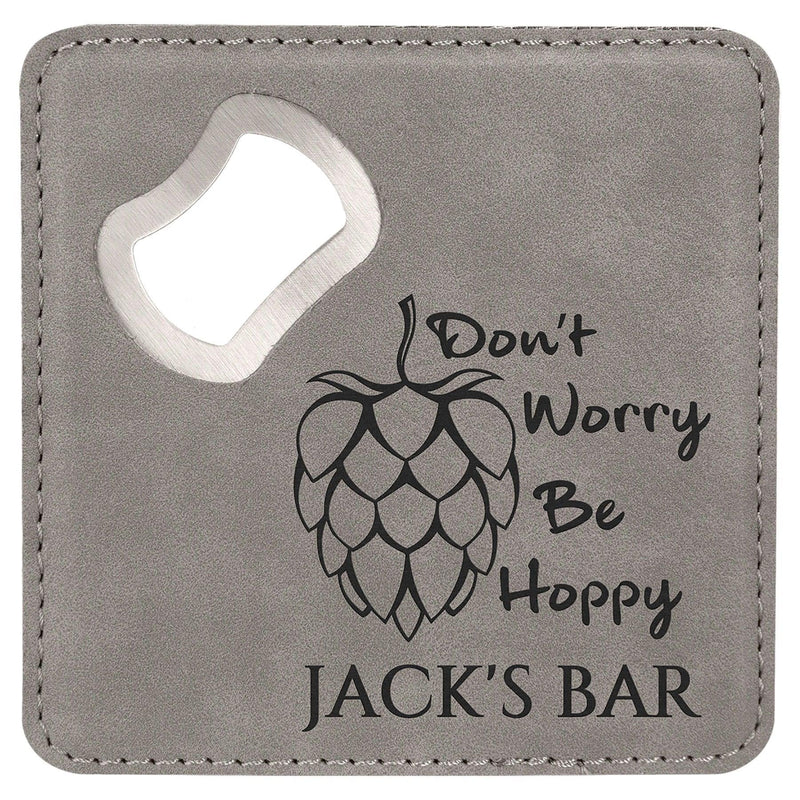 Engraved Square Drink Coaster w/Opener, 4" x 4" Laserable Leatherette Personalized Engraved Coaster Quality Glass Engraving