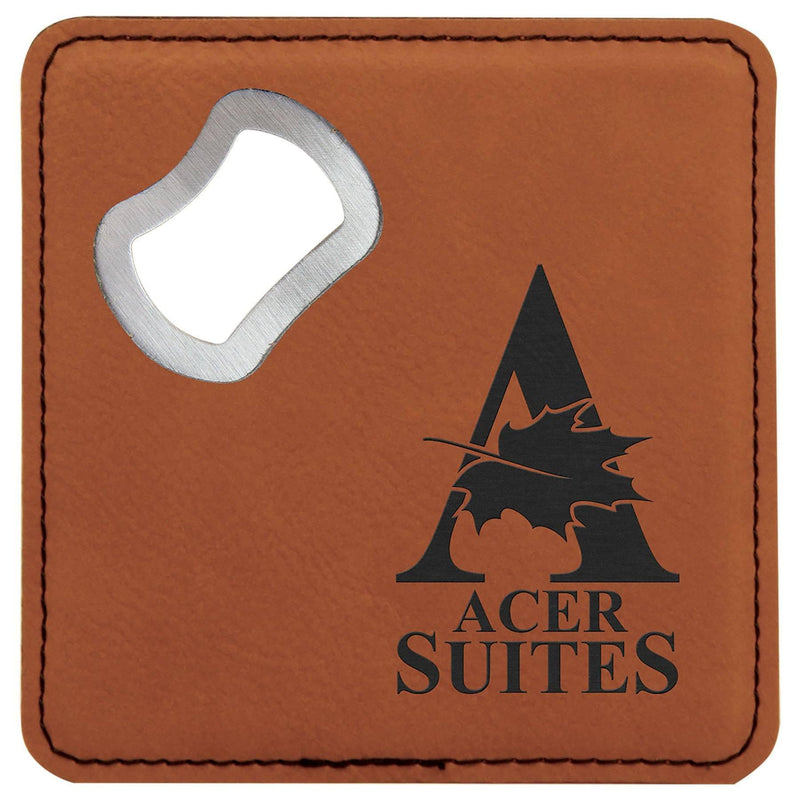Engraved Square Drink Coaster w/Opener, 4" x 4" Laserable Leatherette Personalized Engraved Coaster Quality Glass Engraving