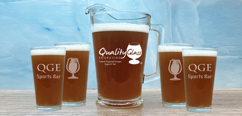 Engraved 5 Piece Beer Pitcher Set - Item 367-5 Personalized Engraved Quality Glass Engraving