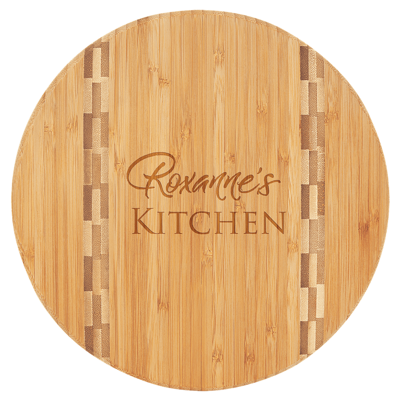 9 3/4" Engraved Round Bamboo Cutting Board with Butcher Block Inlay Personalized Engraved Round Bamboo Cutting Board with Butcher Block Inlay Quality Glass Engraving