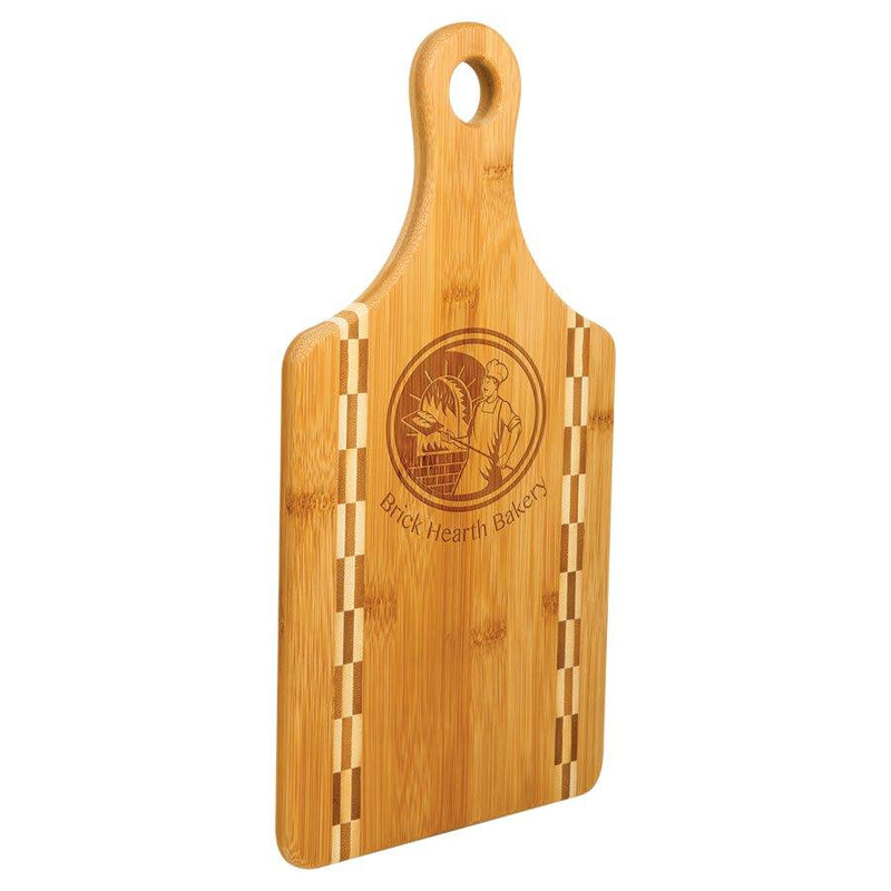 Engraved 13 1/2" x 7" Paddle Shaped Bamboo Personalized Cutting Board with Butcher Block Inlay Personalized Engraved Paddle Shaped Bamboo Cutting Board with Butcher Block Inlay Quality Glass Engraving