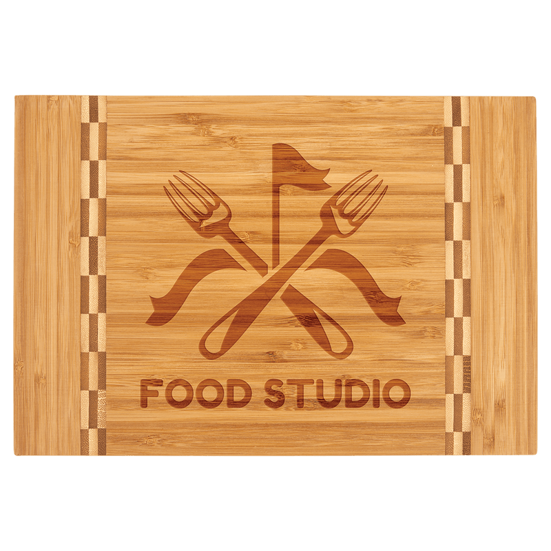 Engraved 12" x 8 1/4" Bamboo Personalized Cutting Board with Butcher Block Inlay Personalized Engraved Bamboo Cutting Board with Butcher Block Inlay Quality Glass Engraving