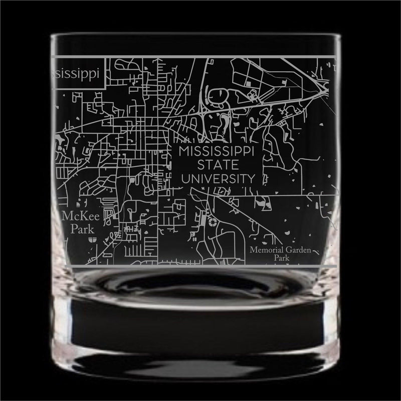 Engraved College Town Map Crystal Whiskey Glass-13 oz-Item 176/10419 Personalized Engraved Drinkware Quality Glass Engraving