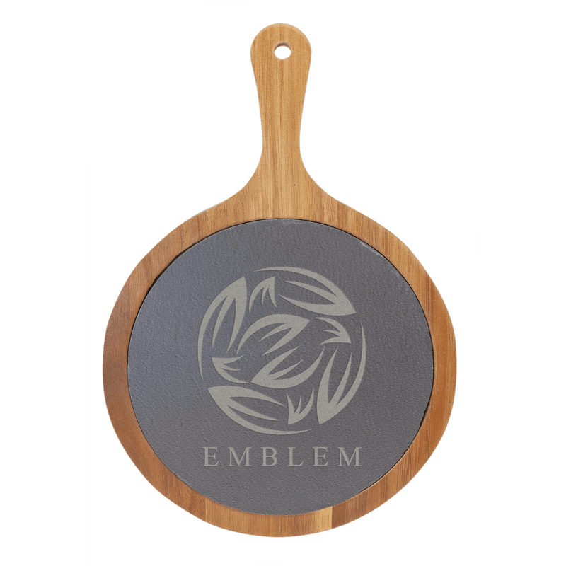 8 1/4" x 12 1/4" Round Acacia Wood/Slate Personalized Serving Board with Handle Personalized Engraved Acacia Wood with Slate Cutting Board Quality Glass Engraving
