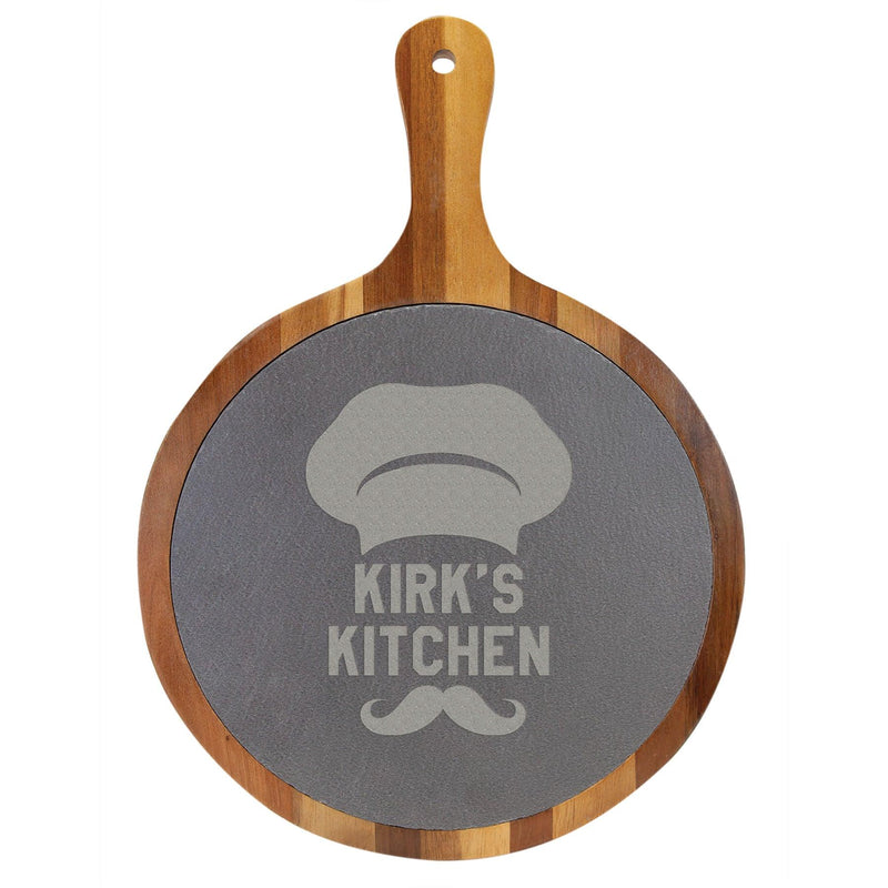 Engraved 10 1/2" x 14 1/2" Round Acacia Wood/Slate Personalized Serving Board with Handle Personalized Engraved Acacia Wood with Slate Cutting Board Quality Glass Engraving