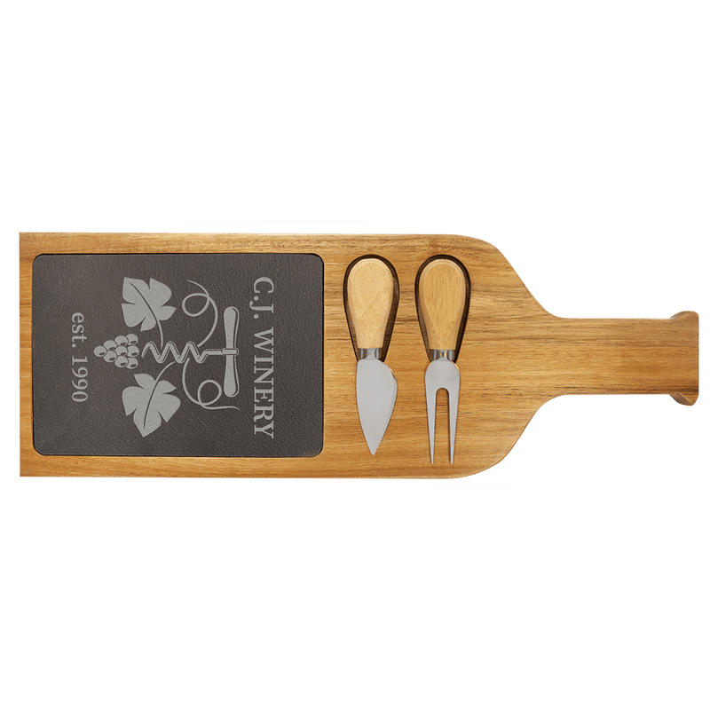 Engraved 17 1/2" x 6" Acacia Wood/Slate Personalized Serving Board with Two Tools Personalized Engraved Acacia Wood with Slate Serving Board with 2 Tools Quality Glass Engraving