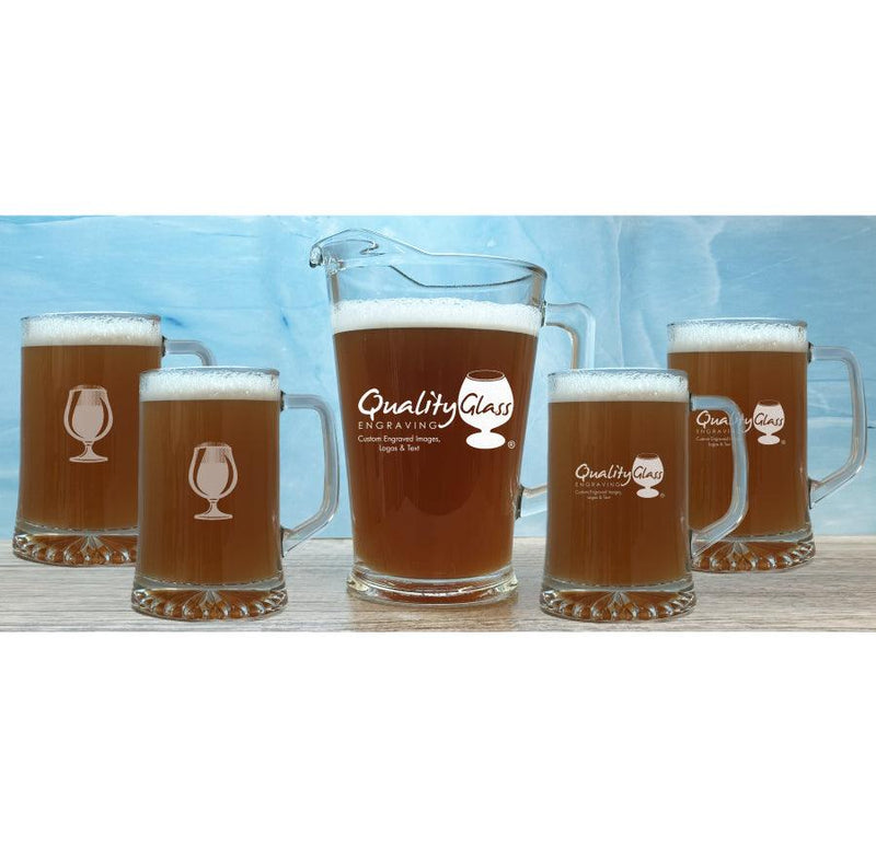 5 Piece Etched 25oz Beer Pitcher Set w/ Mugs And Your Logo Personalized Engraved Quality Glass Engraving