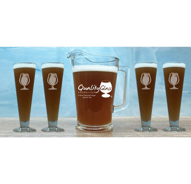 Engraved 5 Piece Footed 16oz Pilsner & Pitcher Set - Item 369-5 Personalized Engraved Quality Glass Engraving