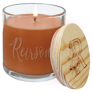 Engraved Fresh Pumpkin Spice Candle in Glass Jar with Customizable Wood Lid 14oz - Item CDL1057 Personalized Engraved Quality Glass Engraving