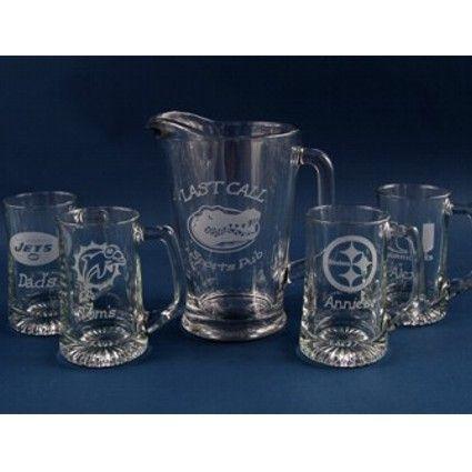 5 Piece Etched 25oz Beer Pitcher Set w/ Mugs And Your Logo Personalized Engraved Quality Glass Engraving