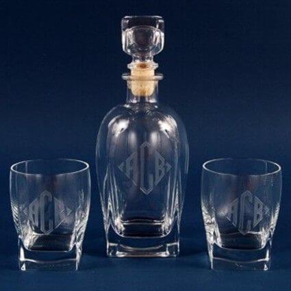 3 Piece Engraved Luigi Bormioli Crystal Rossini Etched Decanter Set - Item 11336/01 Personalized Engraved Decanters Quality Glass Engraving