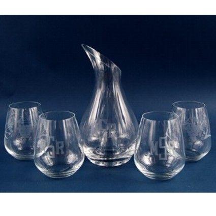 Engraved 5 Piece Crystal Stemless Wine Decanter Set - Item 395-5 Personalized Engraved Quality Glass Engraving