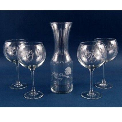 5 Piece Etched Red Wine Glass & Carafe Set With Your Logo Personalized Engraved Quality Glass Engraving