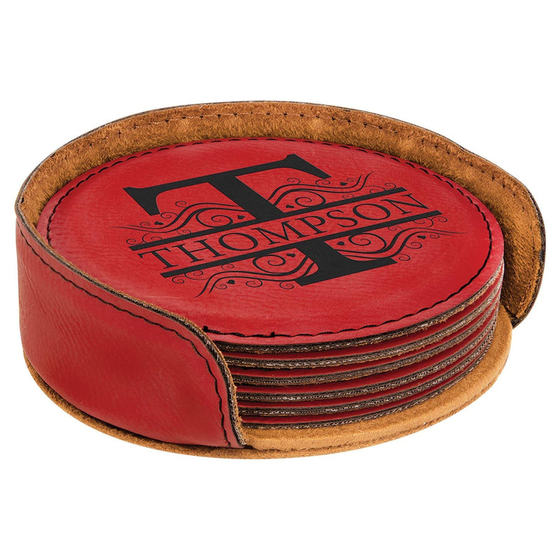 Engraved Leatherette Drink Coaster Set w/Holder, 4" Round Personalized Engraved Coaster Quality Glass Engraving