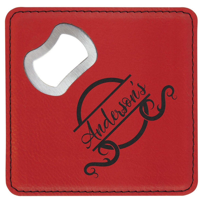 Engraved Square Drink Coaster w/Opener, 4" x 4" Laserable Leatherette Personalized Engraved Coaster Quality Glass Engraving